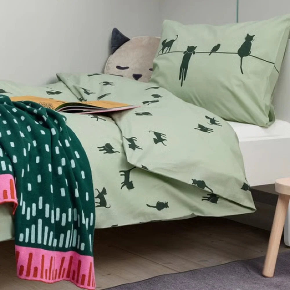 Green Cat Print Bedding Set - Duvet Cover & Pillowcase